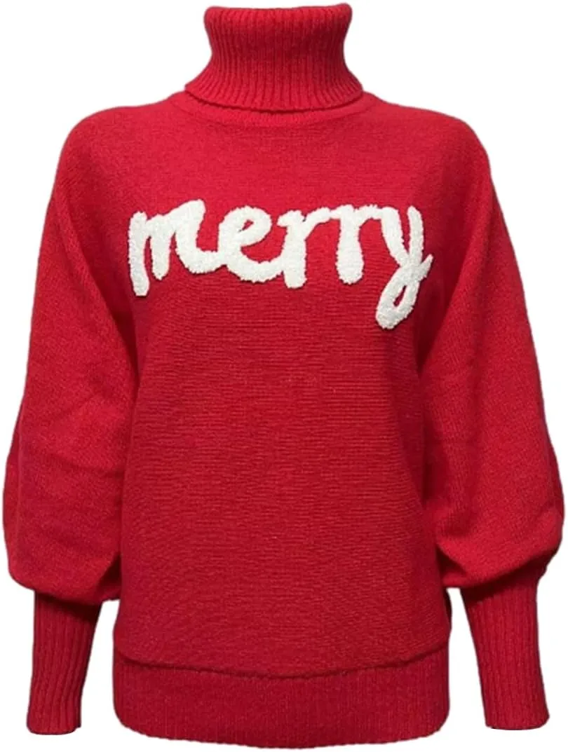 Women Merry Christmas Turtleneck Sweater Xmas Long Batwing Sleeve Letter Pullover Holiday Knitted Sweater Tops