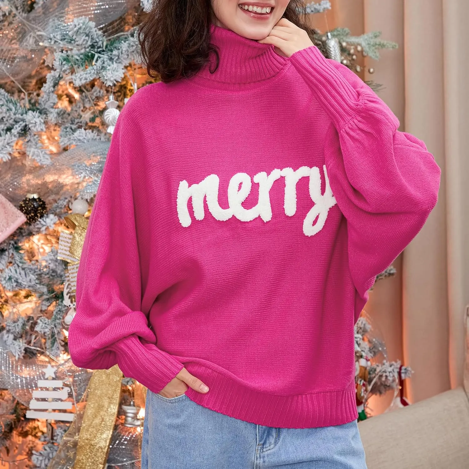 Women Merry Christmas Turtleneck Sweater Xmas Long Batwing Sleeve Letter Pullover Holiday Knitted Sweater Tops