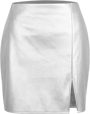 Women Neon Leather Bodycon Mini Skirt Skirts Sexy Shiny Liquid Metallic Wet Look Latex Skirt, 3X-Large, Black