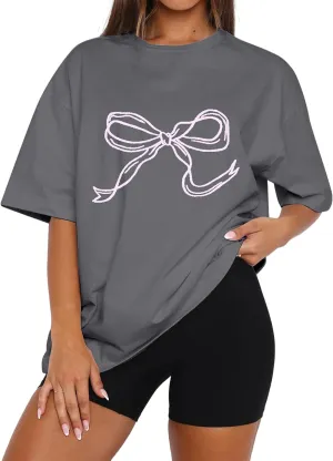 Women Oversized Bow T Shirts Short Sleeve Crewneck Graphic Tee Shirts Cute Bow Shirts Casual Basic Aesthetic Tee Tops