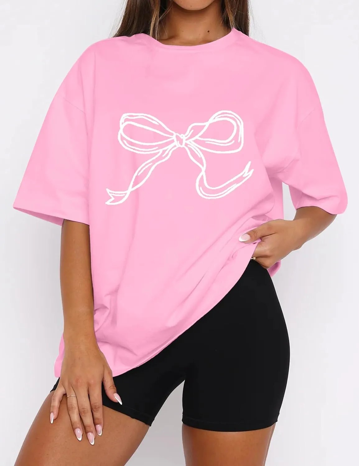 Women Oversized Bow T Shirts Short Sleeve Crewneck Graphic Tee Shirts Cute Bow Shirts Casual Basic Aesthetic Tee Tops