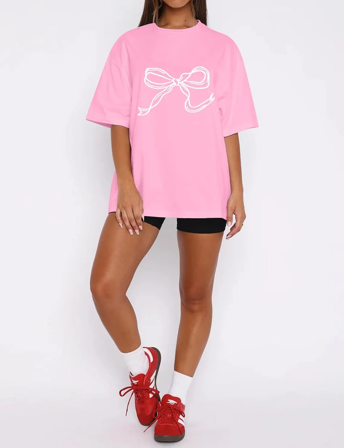 Women Oversized Bow T Shirts Short Sleeve Crewneck Graphic Tee Shirts Cute Bow Shirts Casual Basic Aesthetic Tee Tops