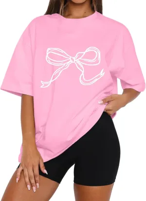 Women Oversized Bow T Shirts Short Sleeve Crewneck Graphic Tee Shirts Cute Bow Shirts Casual Basic Aesthetic Tee Tops