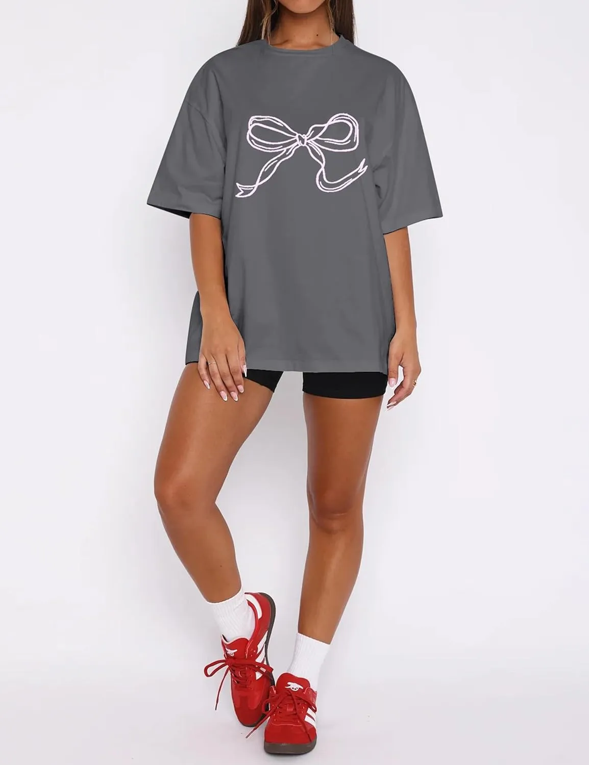 Women Oversized Bow T Shirts Short Sleeve Crewneck Graphic Tee Shirts Cute Bow Shirts Casual Basic Aesthetic Tee Tops