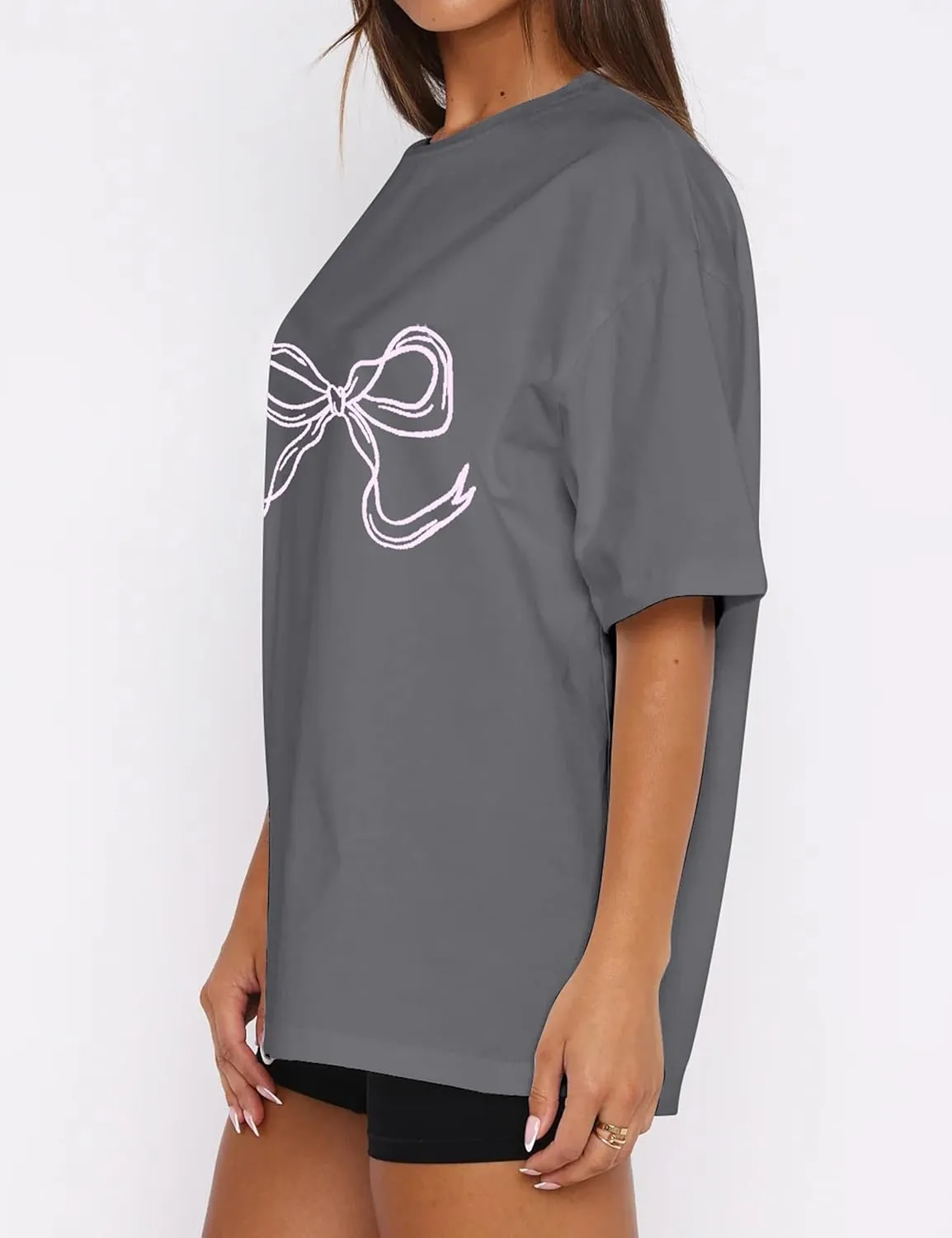 Women Oversized Bow T Shirts Short Sleeve Crewneck Graphic Tee Shirts Cute Bow Shirts Casual Basic Aesthetic Tee Tops