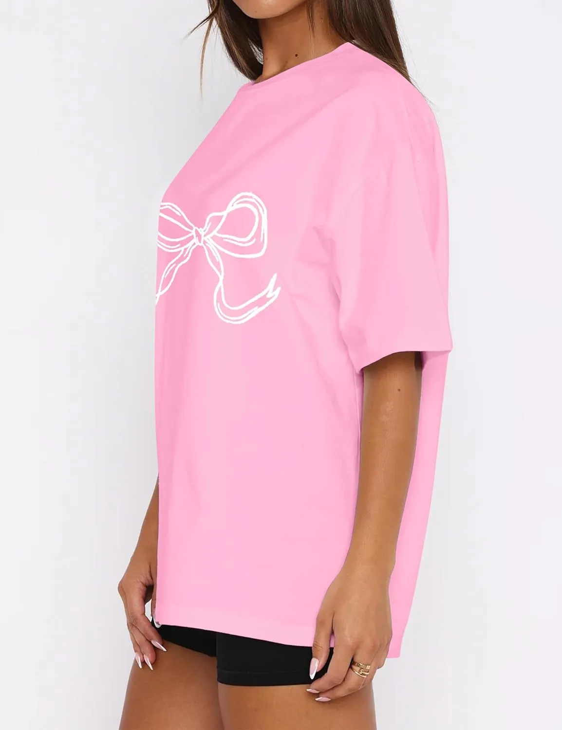 Women Oversized Bow T Shirts Short Sleeve Crewneck Graphic Tee Shirts Cute Bow Shirts Casual Basic Aesthetic Tee Tops