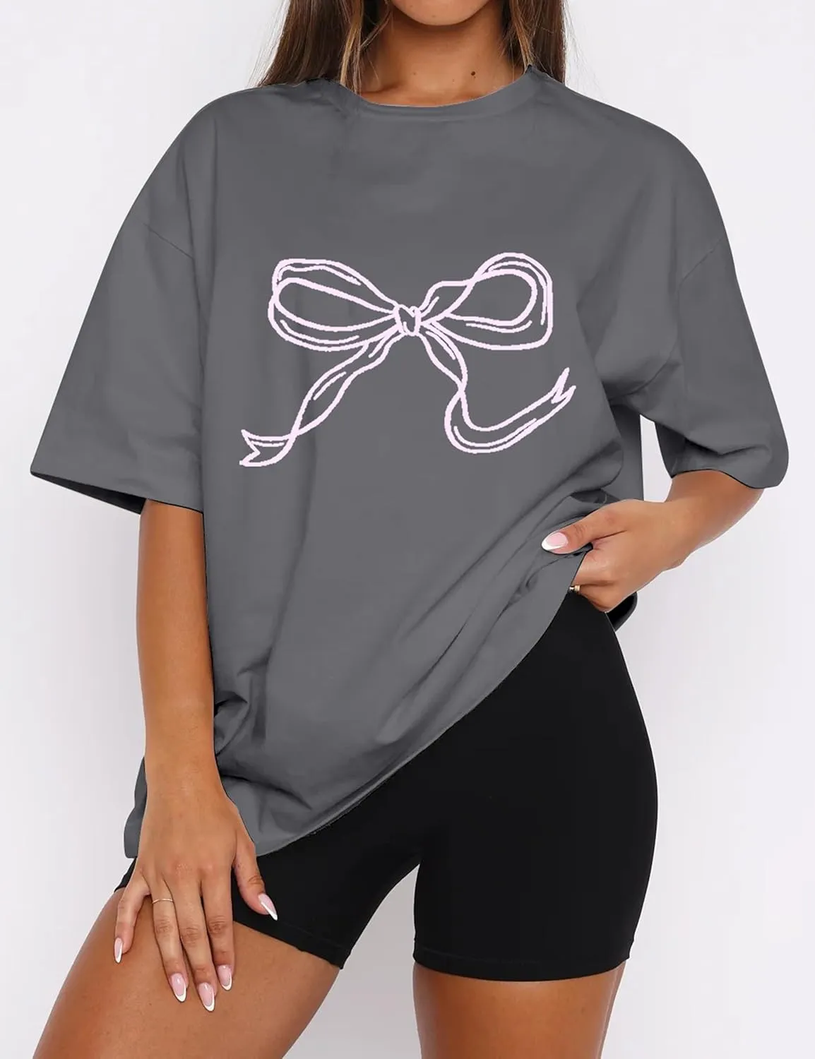 Women Oversized Bow T Shirts Short Sleeve Crewneck Graphic Tee Shirts Cute Bow Shirts Casual Basic Aesthetic Tee Tops