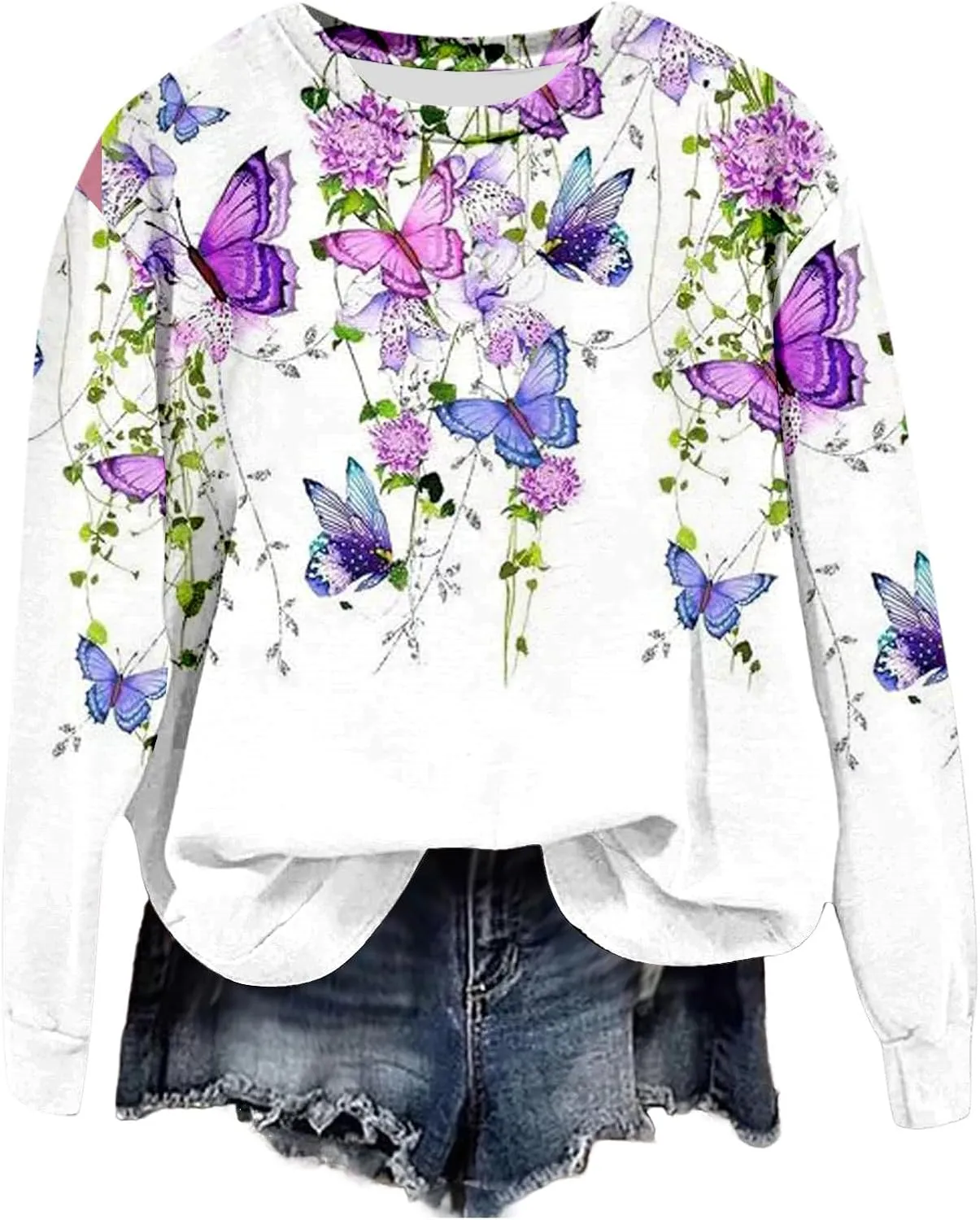 Women Oversized Butterfly Print Sweatshirts Crewneck Long Sleeve Shirts Casual Pullover Sweatshirt Tops Outfits Clothes