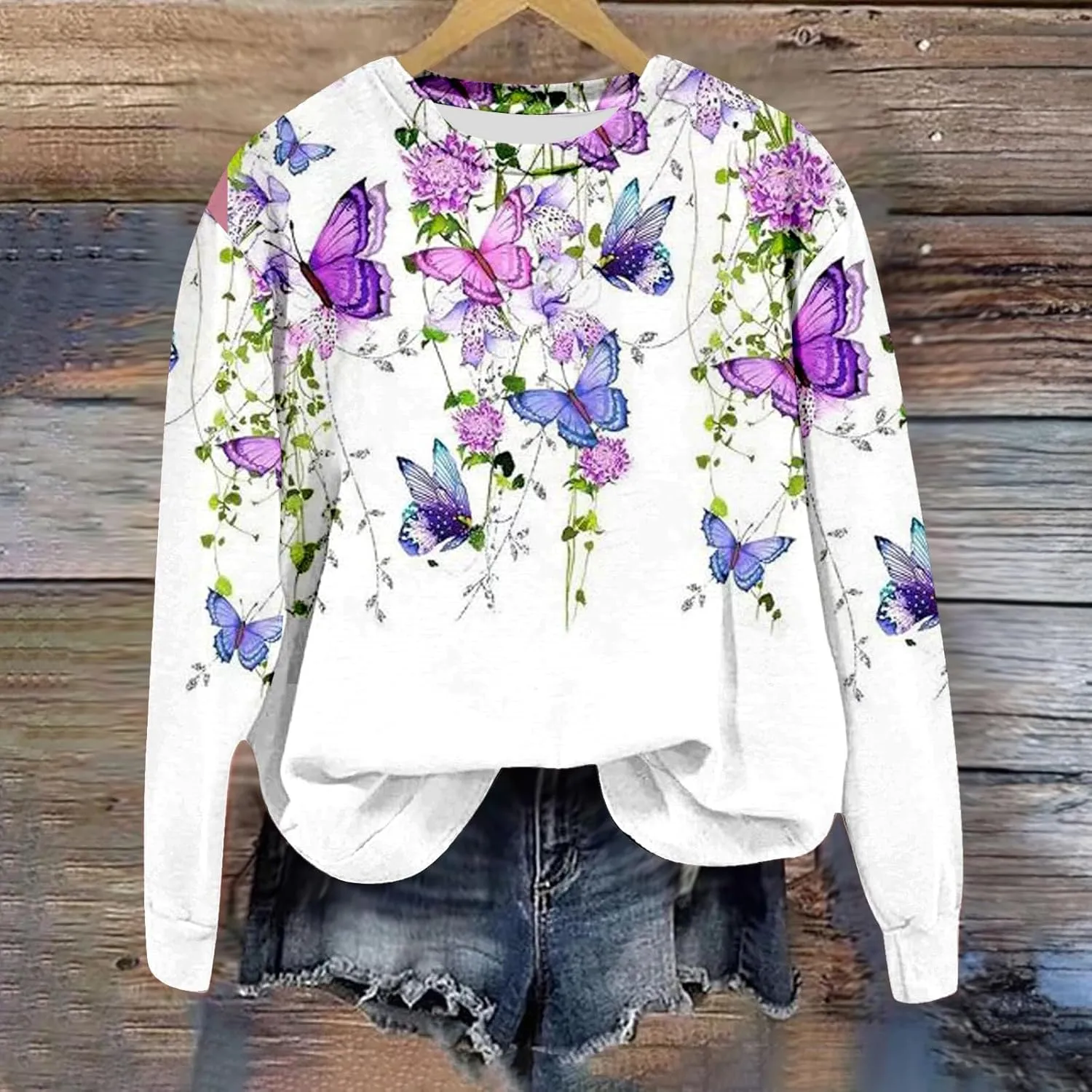 Women Oversized Butterfly Print Sweatshirts Crewneck Long Sleeve Shirts Casual Pullover Sweatshirt Tops Outfits Clothes