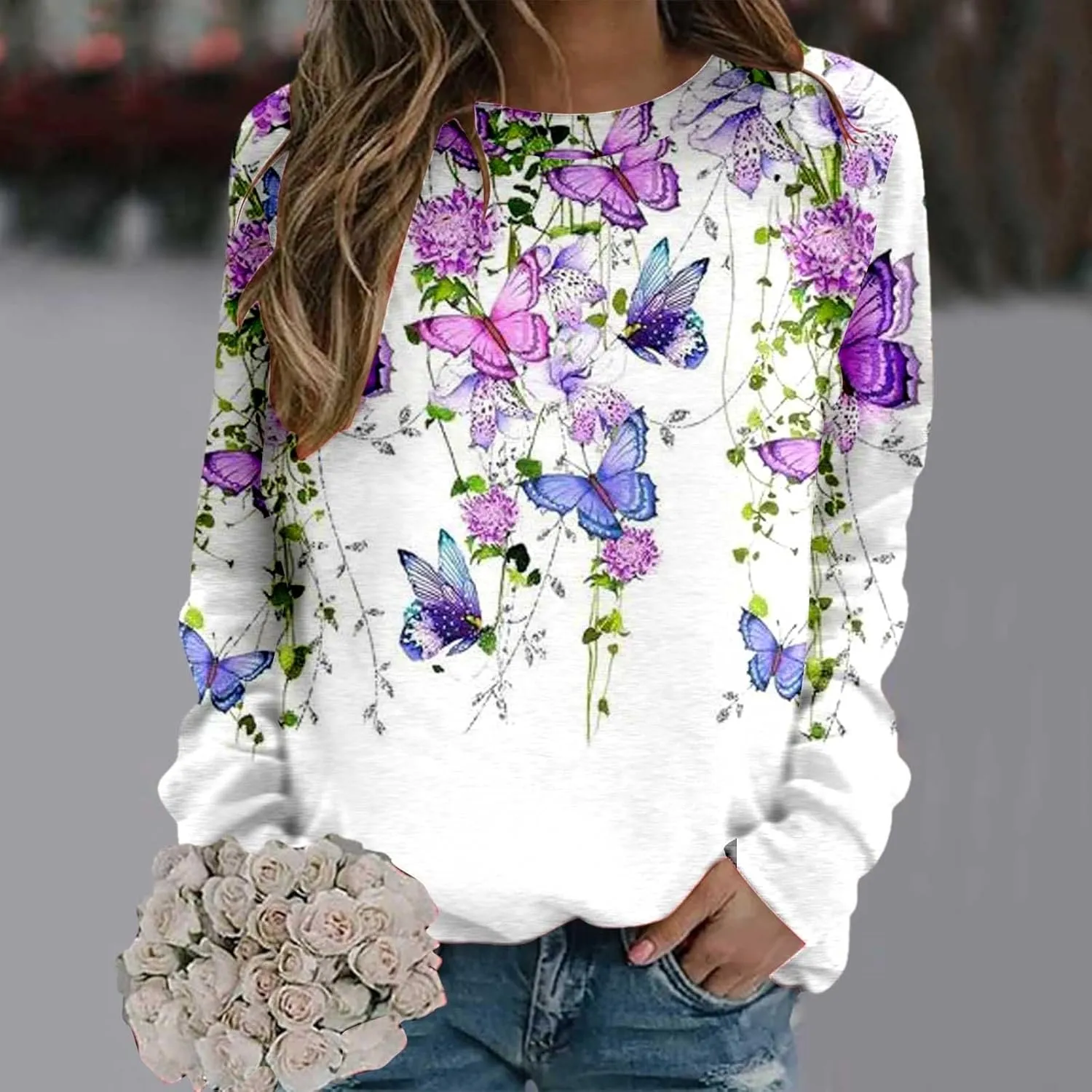 Women Oversized Butterfly Print Sweatshirts Crewneck Long Sleeve Shirts Casual Pullover Sweatshirt Tops Outfits Clothes