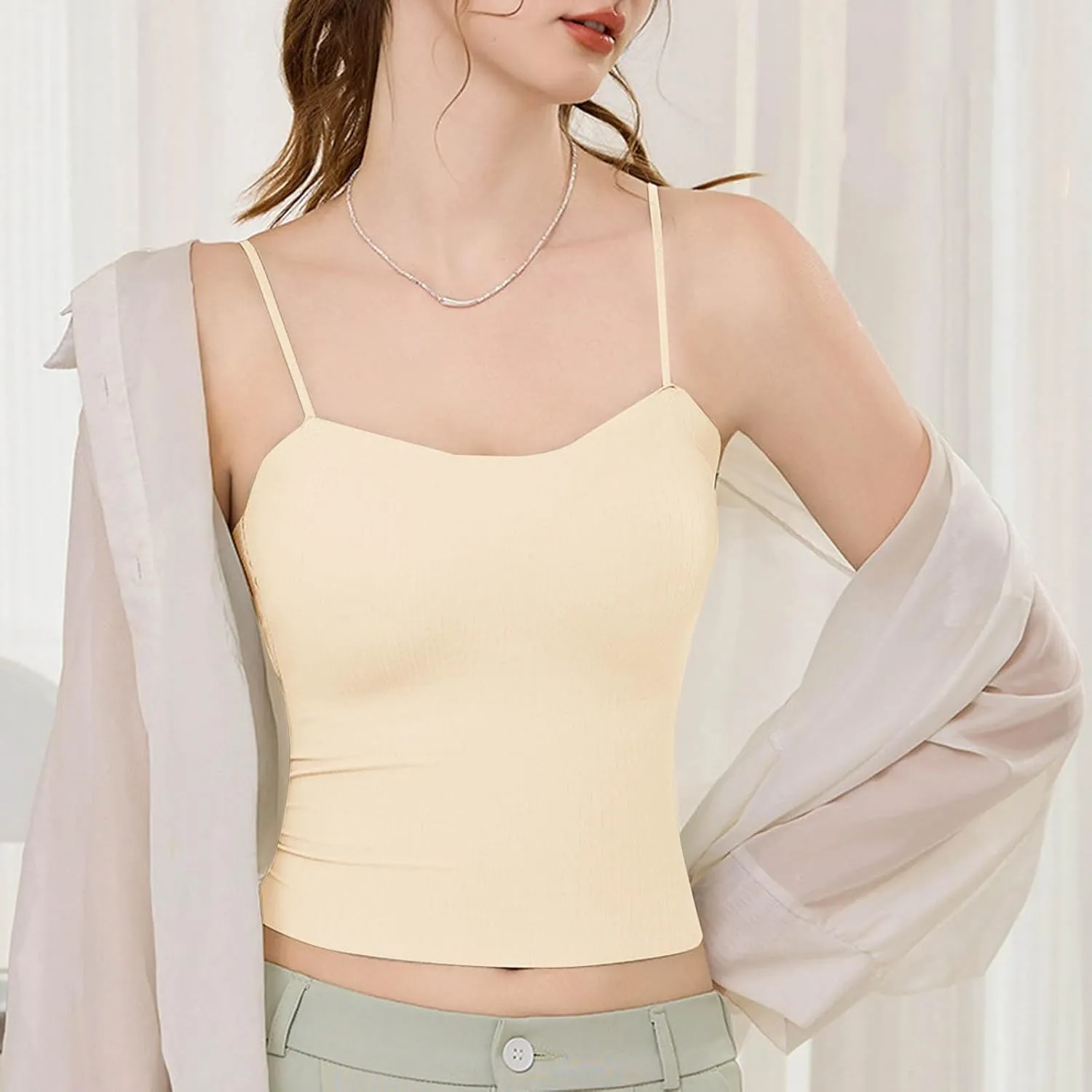Women Ribbed Knit Camisoles Sexy Spaghetti Strap Shelf Bra Cami Tops Summer Slim Fitness Basic Tees Sleeveless Shirts