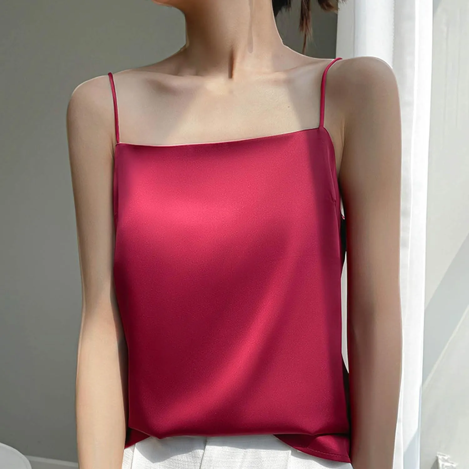 Women Satin Spaghetti Strap Tank Tops Square Neck Sleeveless Cami Shirts Club Party Camisole Summer Basic Undershirt