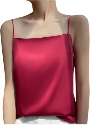 Women Satin Spaghetti Strap Tank Tops Square Neck Sleeveless Cami Shirts Club Party Camisole Summer Basic Undershirt