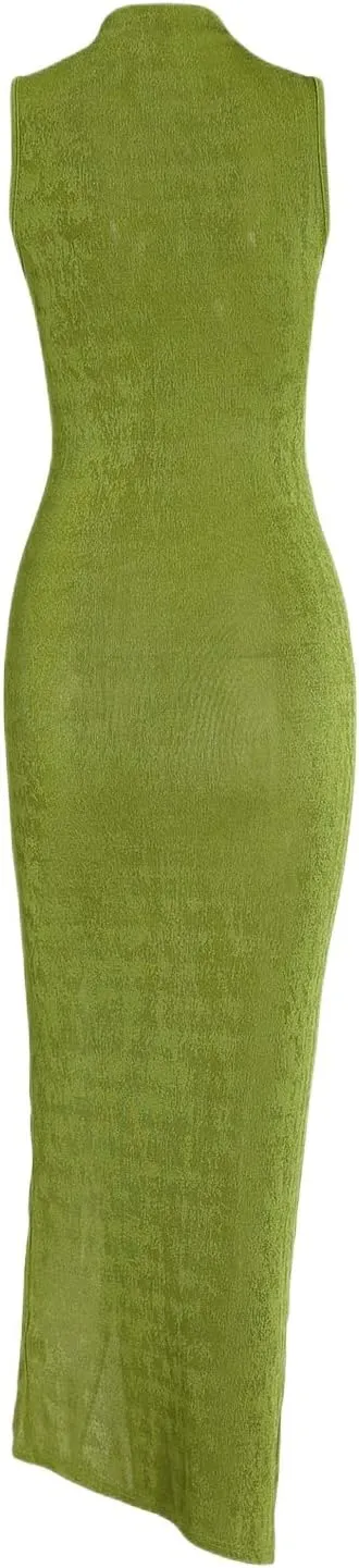 Women Sexy Semi Sheer Sleeveless Mock Turtleneck Jersey Ruched Thigh Slit Bodycon Maxi Dress for Party Club Night
