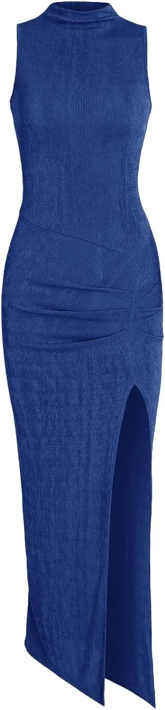 Women Sexy Semi Sheer Sleeveless Mock Turtleneck Jersey Ruched Thigh Slit Bodycon Maxi Dress for Party Club Night