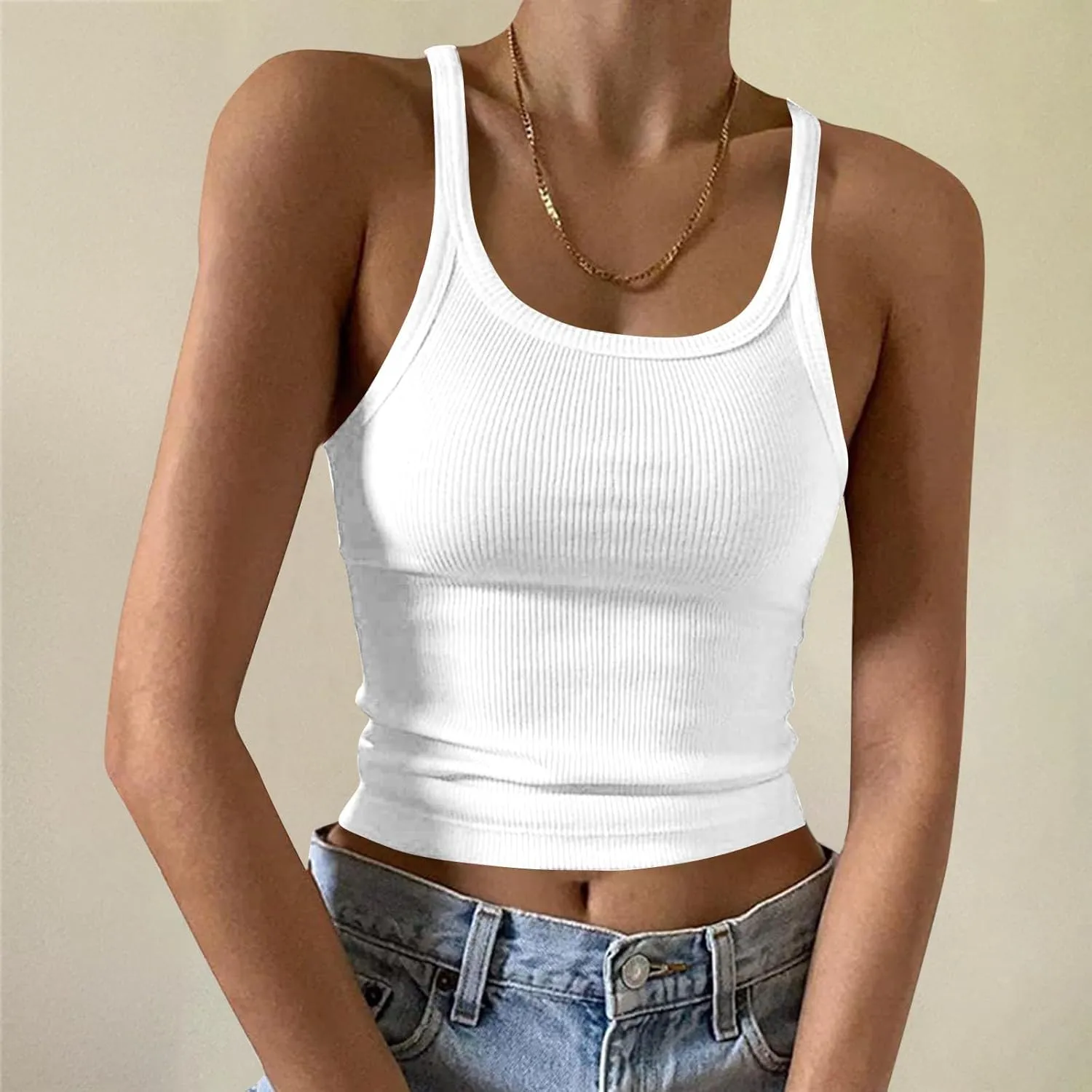 Women Sexy Spaghetti Strap Ribbed Knit Tank Tops Scoop Neck Slim Fitted Camisole Basic Sleeveless Layering Shirts