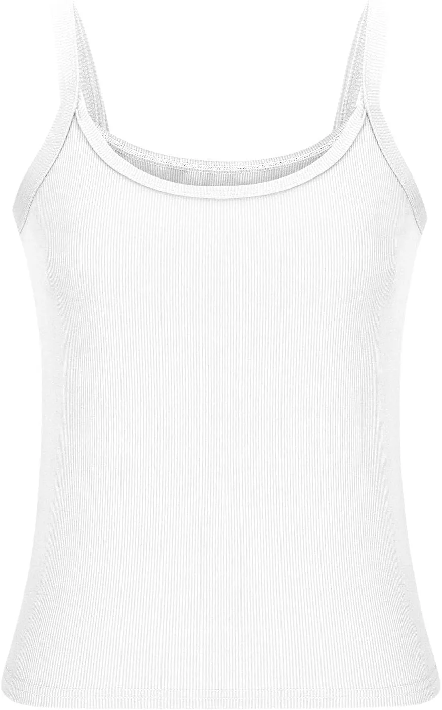 Women Sexy Spaghetti Strap Ribbed Knit Tank Tops Scoop Neck Slim Fitted Camisole Basic Sleeveless Layering Shirts