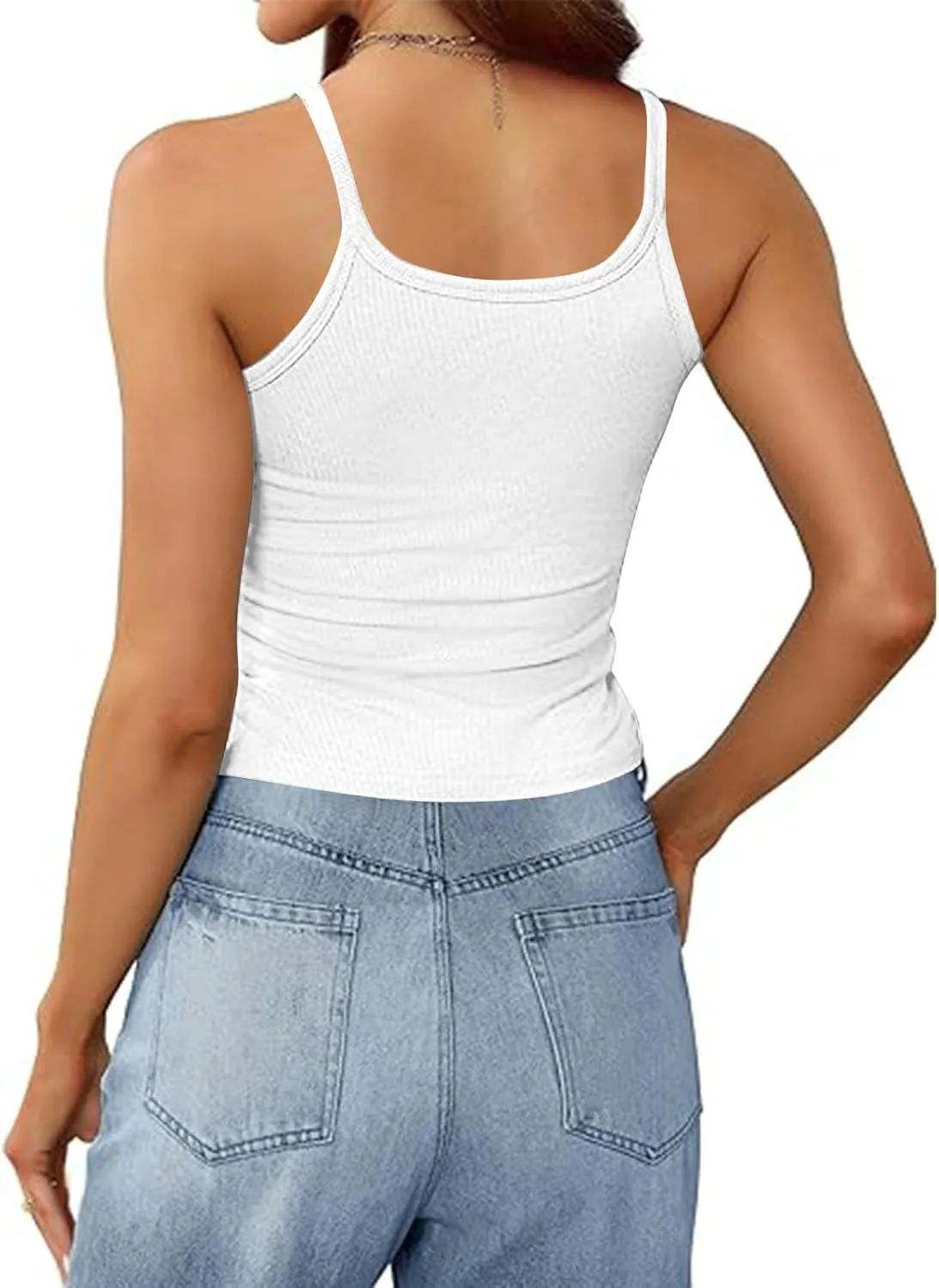 Women Sexy Spaghetti Strap Ribbed Knit Tank Tops Scoop Neck Slim Fitted Camisole Basic Sleeveless Layering Shirts