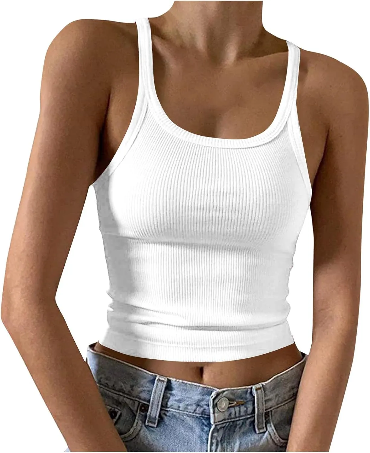 Women Sexy Spaghetti Strap Ribbed Knit Tank Tops Scoop Neck Slim Fitted Camisole Basic Sleeveless Layering Shirts