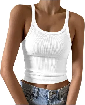 Women Sexy Spaghetti Strap Ribbed Knit Tank Tops Scoop Neck Slim Fitted Camisole Basic Sleeveless Layering Shirts