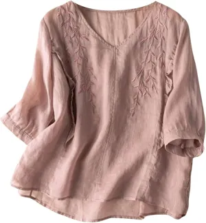 Women Summer Cotton Linen Tops Plus Size Crop Sleeve Trendy Baggy Tshirt Embroidery Shirts Casual Work Ladies Blouse