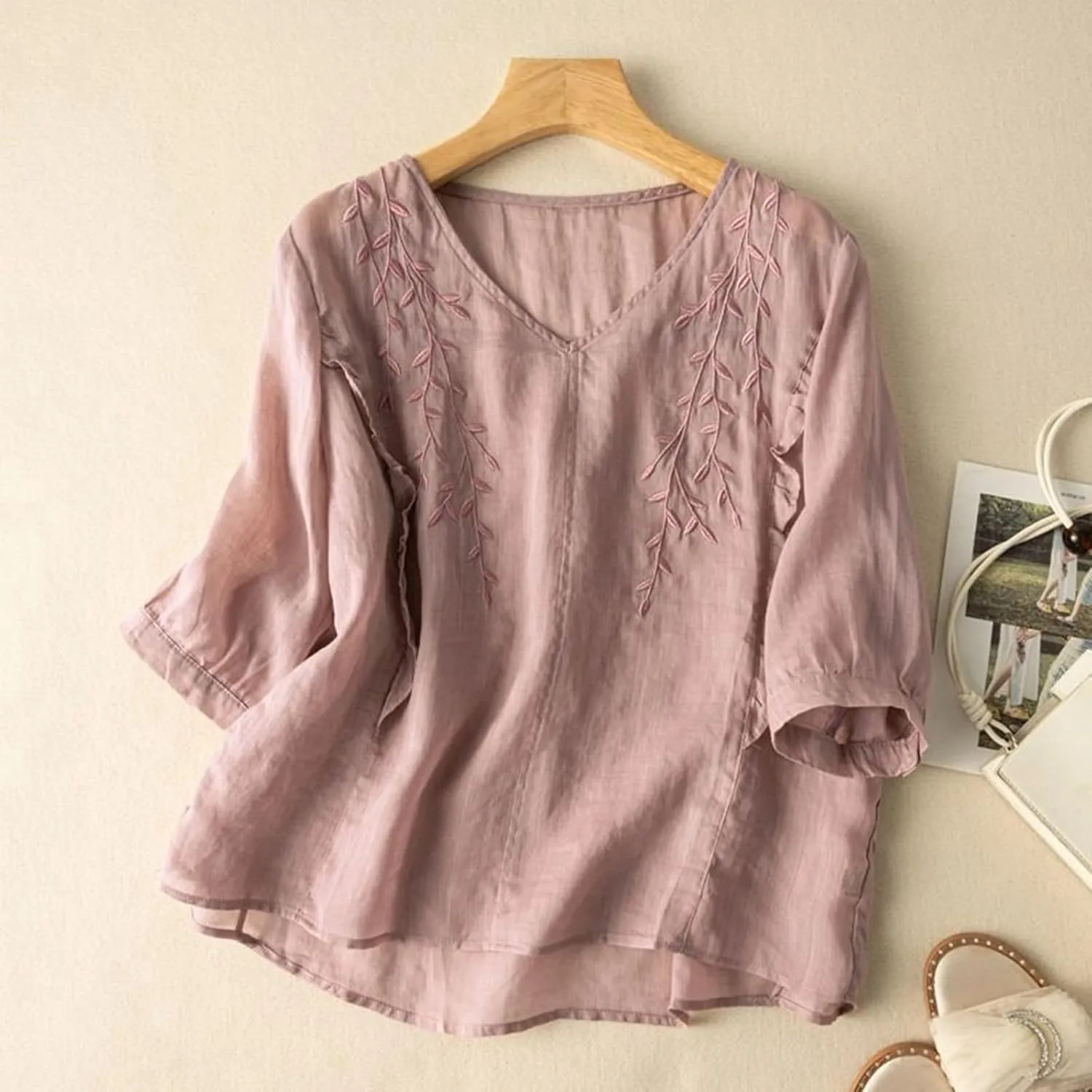 Women Summer Cotton Linen Tops Plus Size Crop Sleeve Trendy Baggy Tshirt Embroidery Shirts Casual Work Ladies Blouse