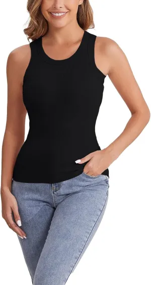 Women Tank Tops Shelf Bra Summer Round Neck Padded Rib Camisoles for Casual Yoga Workout Outfits Undershirts Cami