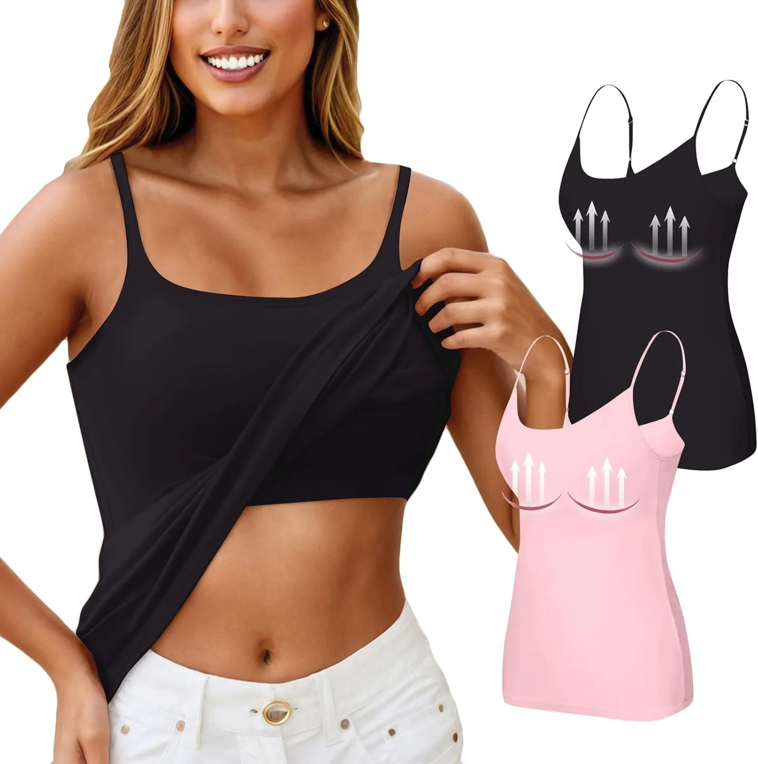 Women Tank Tops with Built in Bras Cotton Shelf Bra Camisoles Adjustable Spaghetti Basic Undershirt Layer Cami 2 Pack