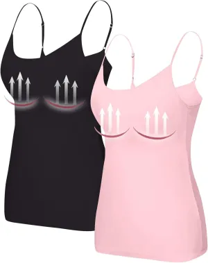 Women Tank Tops with Built in Bras Cotton Shelf Bra Camisoles Adjustable Spaghetti Basic Undershirt Layer Cami 2 Pack