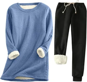 Women Warm Pajama Set Fleece Lined Long Sleeve Crewneck Sweatshirt Pullover Thicken Joggers Sweatpants