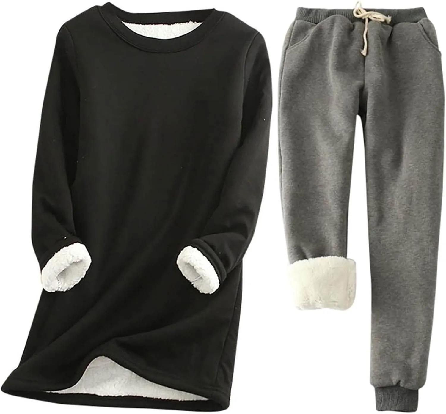 Women Warm Pajama Set Fleece Lined Long Sleeve Crewneck Sweatshirt Pullover Thicken Joggers Sweatpants