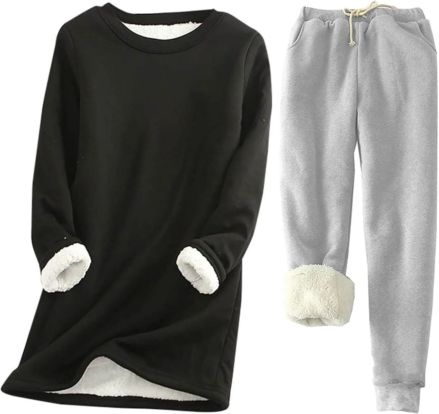 Women Warm Pajama Set Fleece Lined Long Sleeve Crewneck Sweatshirt Pullover Thicken Joggers Sweatpants