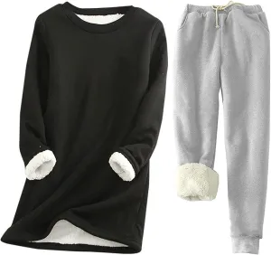 Women Warm Pajama Set Fleece Lined Long Sleeve Crewneck Sweatshirt Pullover Thicken Joggers Sweatpants