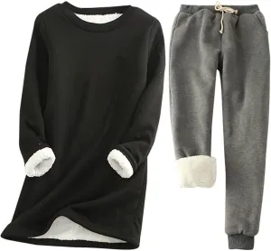 Women Warm Pajama Set Fleece Lined Long Sleeve Crewneck Sweatshirt Pullover Thicken Joggers Sweatpants