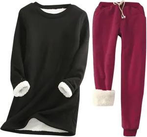 Women Warm Pajama Set Fleece Lined Long Sleeve Crewneck Sweatshirt Pullover Thicken Joggers Sweatpants