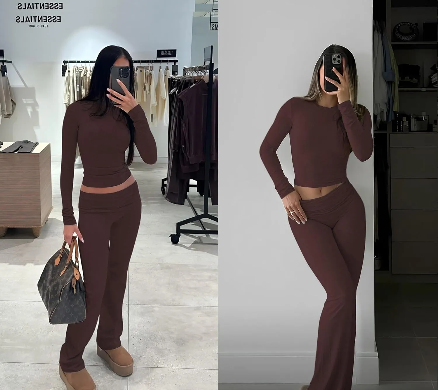 Women's 2 Piece Casual Pajama Set-Slim Fit Long Sleeve Top Low Rise Bell Bottoms-Versatile Yoga Loungewear