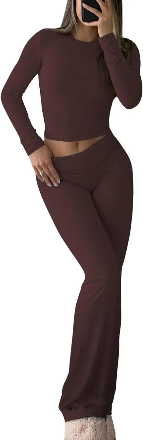 Women's 2 Piece Casual Pajama Set-Slim Fit Long Sleeve Top Low Rise Bell Bottoms-Versatile Yoga Loungewear