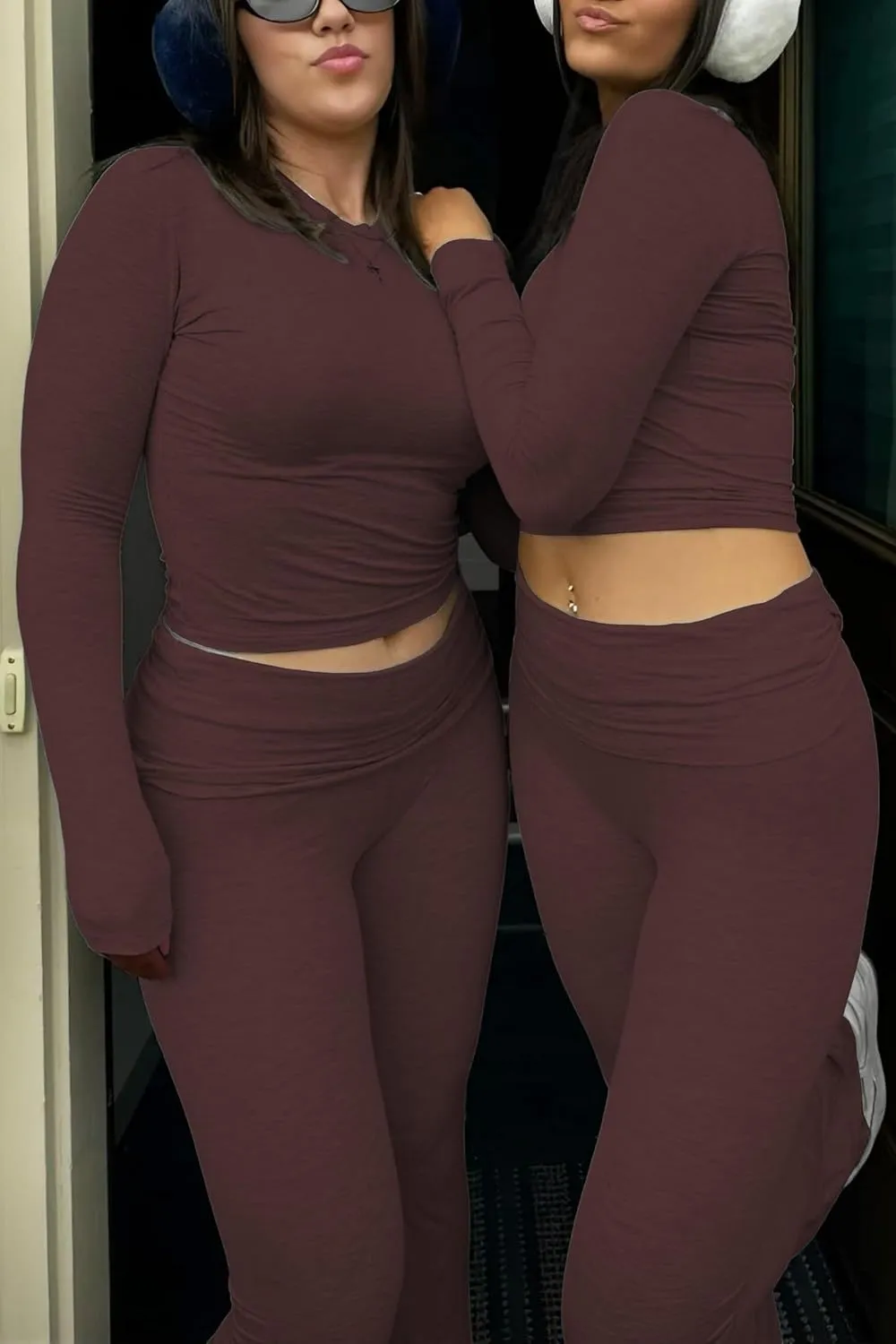 Women's 2 Piece Casual Pajama Set-Slim Fit Long Sleeve Top Low Rise Bell Bottoms-Versatile Yoga Loungewear