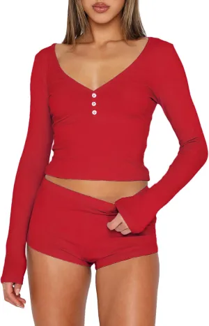Womens 2 Piece Y2K Pajamas Set Long Sleeve Cropped Top Button Down V Neck Slim Fitted Shorts PJs Outfits Lounge Sets