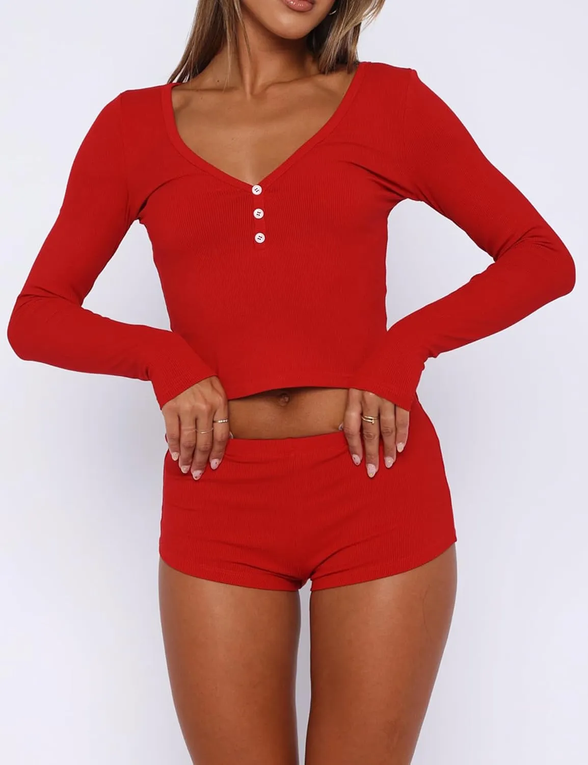 Womens 2 Piece Y2K Pajamas Set Long Sleeve Cropped Top Button Down V Neck Slim Fitted Shorts PJs Outfits Lounge Sets