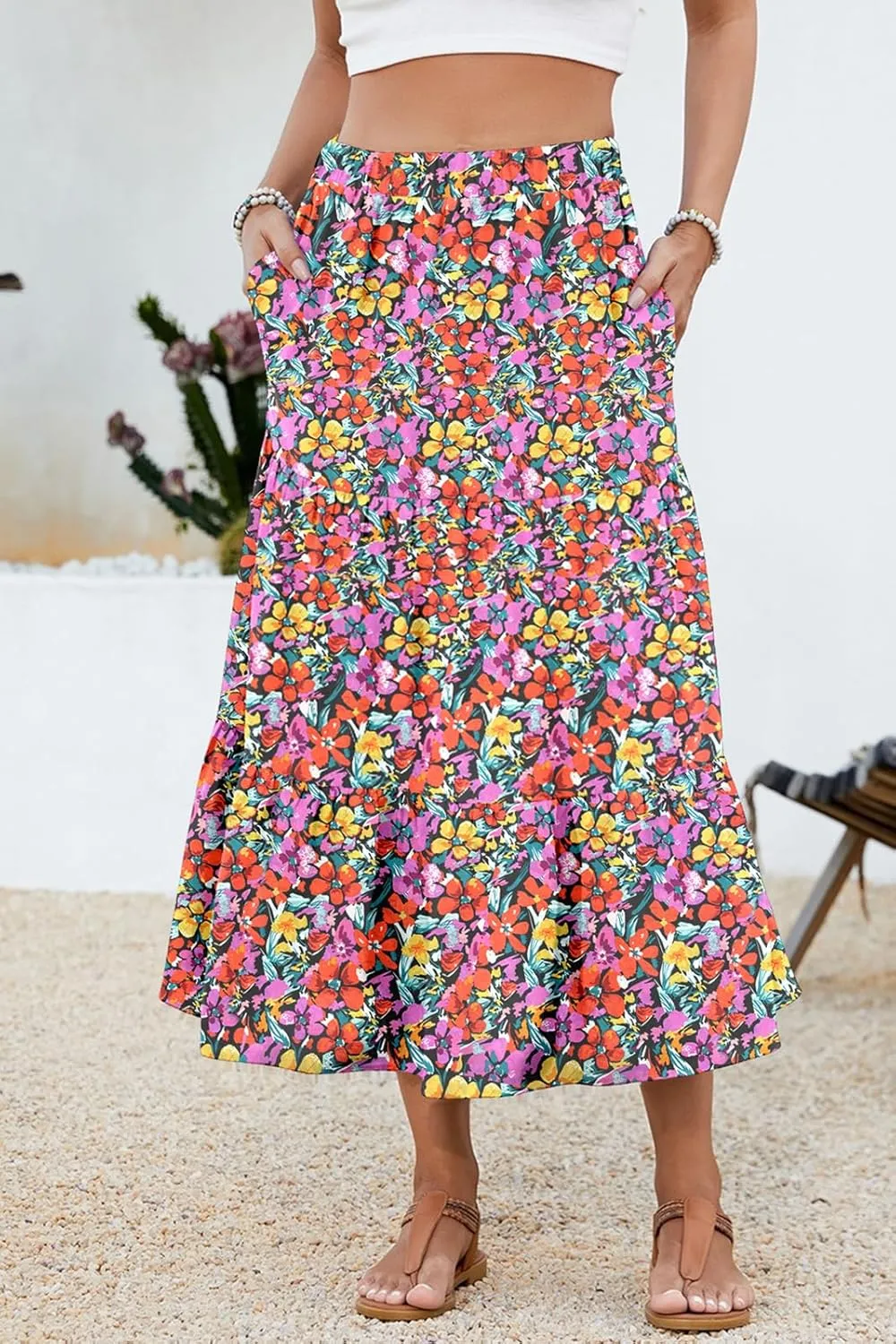 Women's 2025 Summer Boho Tiered Maxi Skirt Flowy A-Line Elastic Waist with Pockets Trendy Beach Long Skirts