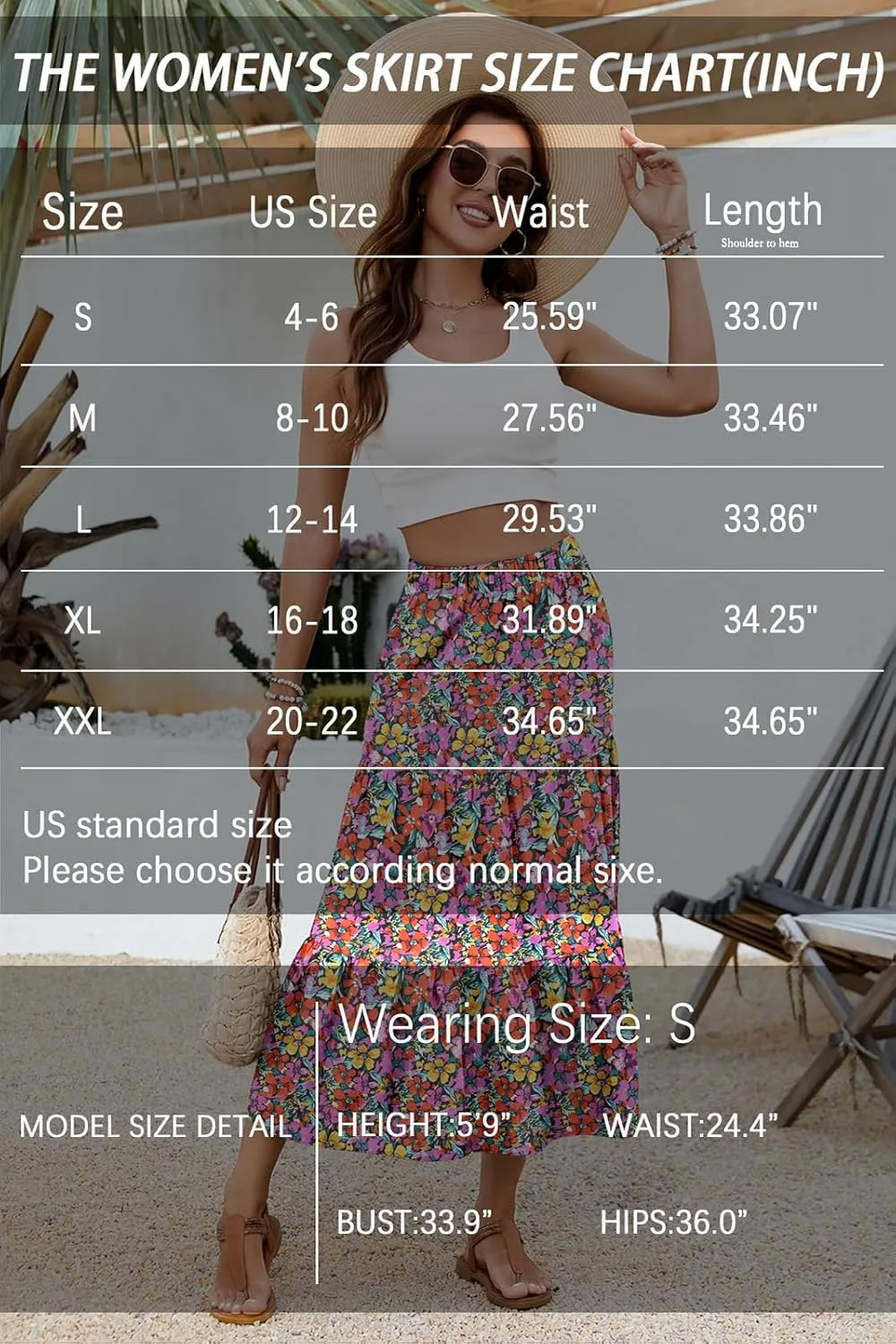 Women's 2025 Summer Boho Tiered Maxi Skirt Flowy A-Line Elastic Waist with Pockets Trendy Beach Long Skirts