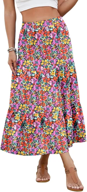 Women's 2025 Summer Boho Tiered Maxi Skirt Flowy A-Line Elastic Waist with Pockets Trendy Beach Long Skirts
