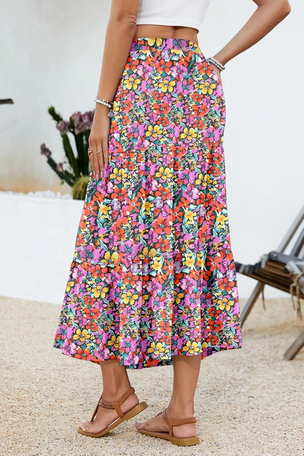 Women's 2025 Summer Boho Tiered Maxi Skirt Flowy A-Line Elastic Waist with Pockets Trendy Beach Long Skirts