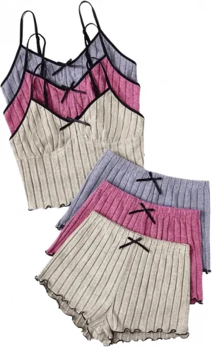 Women's 3 Pack Ribbed Pajamas Set Lettuce Trim Sleeveless Cami Crop Top and Shorts Lounge Set Sleepwear Loungewear