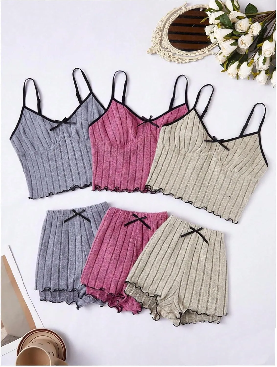 Women's 3 Pack Ribbed Pajamas Set Lettuce Trim Sleeveless Cami Crop Top and Shorts Lounge Set Sleepwear Loungewear