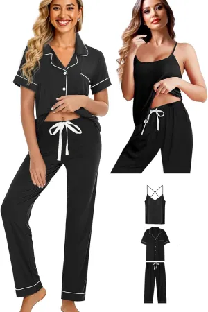 Womens 3Pcs Soft Pajama Sets Sexy Camisole Lingerie XS-4XL Knit Pajamas Set Sleepwear Pjs Nightwear Lounge Sets