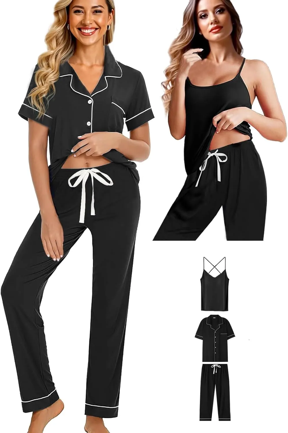 Womens 3Pcs Soft Pajama Sets Sexy Camisole Lingerie XS-4XL Knit Pajamas Set Sleepwear Pjs Nightwear Lounge Sets