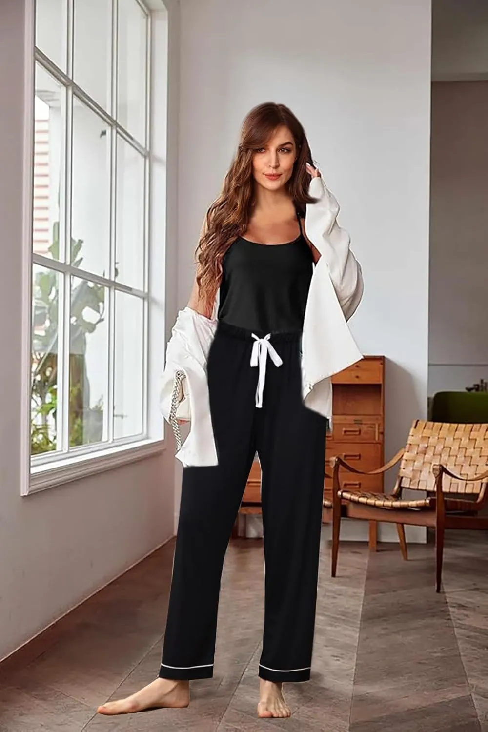 Womens 3Pcs Soft Pajama Sets Sexy Camisole Lingerie XS-4XL Knit Pajamas Set Sleepwear Pjs Nightwear Lounge Sets
