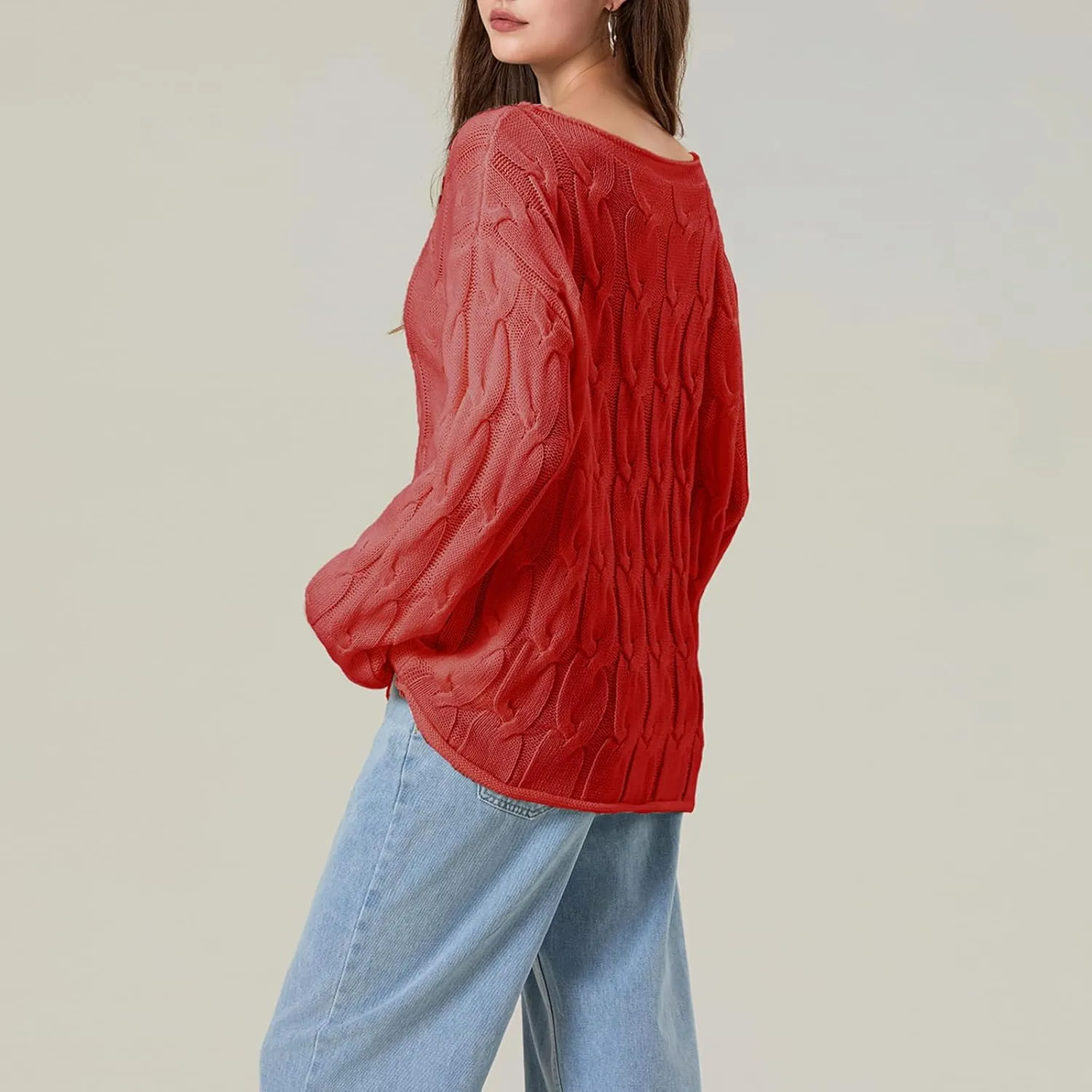 Women's Cable Knitted Sweaters Hollow Long Sleeve Scoop Neck Loose Fall Pullovers